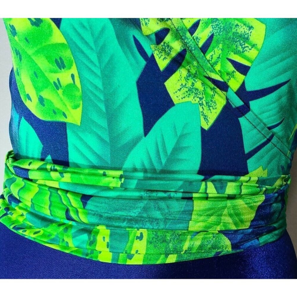 Vtg Jantzen Womens V Neck Faux Wrap One Piece Swimsuit Green/Blue Tropical Sz 10 - Picture 3 of 12